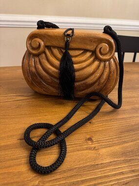 Vintage Timmy Woods of Beverly Hills Carved Acacia Wood Tassel Crossbody Bag